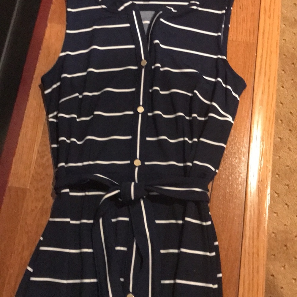 Talbots navy/white stripe dress. Beautiful silhouette with tie belt.